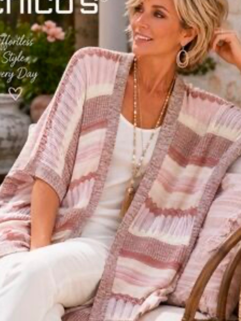 Chicos new Striped Open-Knit Cardigan in Cream, Blush & Taupe modest chic